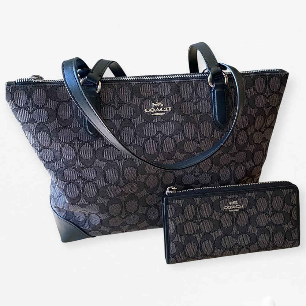 Coach Black Signature Jacquard Tote Shoulder Bag with Leather Trim + zip wallet
